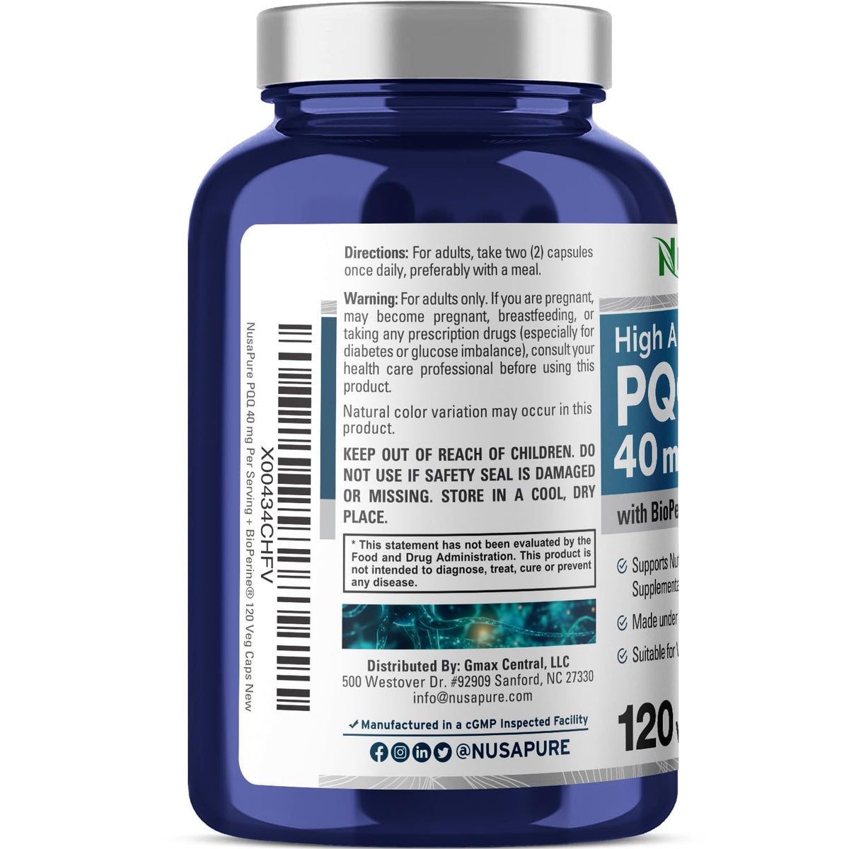 NusaPure PQQ Supplement 40 mg, 120 Veggie Capsules, Non-GMO, Pyrroloquinoline Quinone Disodium Salt, Bioperine