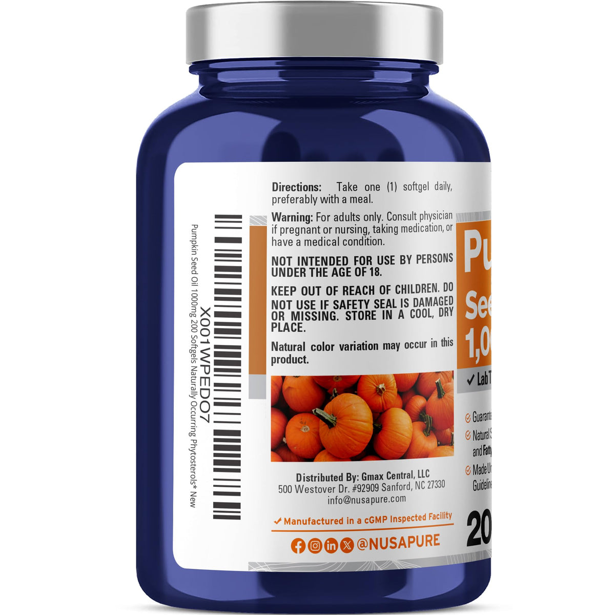 NusaPure Pumpkin Seed Oil 1000mg 200 Softgel Capsules (Non-GMO, Soyfree) Naturally Occurring Phytosterols