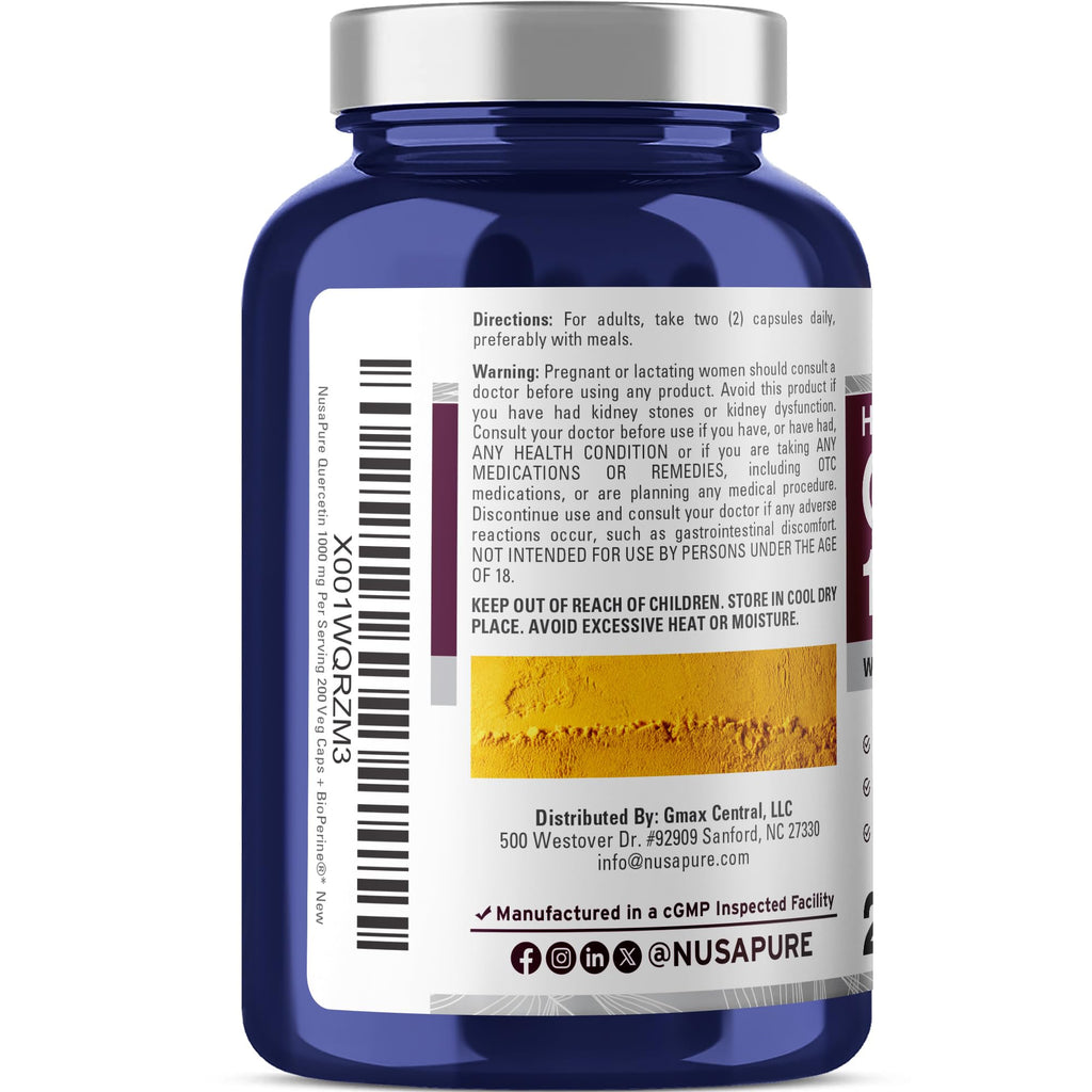 NusaPure Quercetin - Suitable for Vegetarian/Vegan, Non - GMO - 1000 mg - 200 Capsules