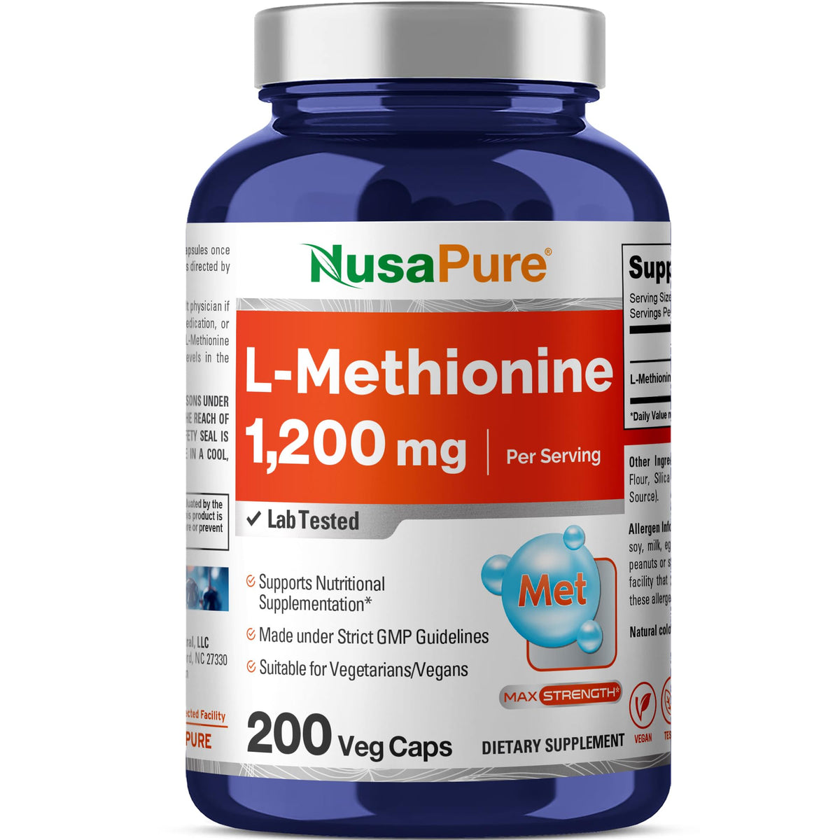 NusaPure L Methionine 1200mg | 200 Capsules | Non-GMO | Vegan Supplement