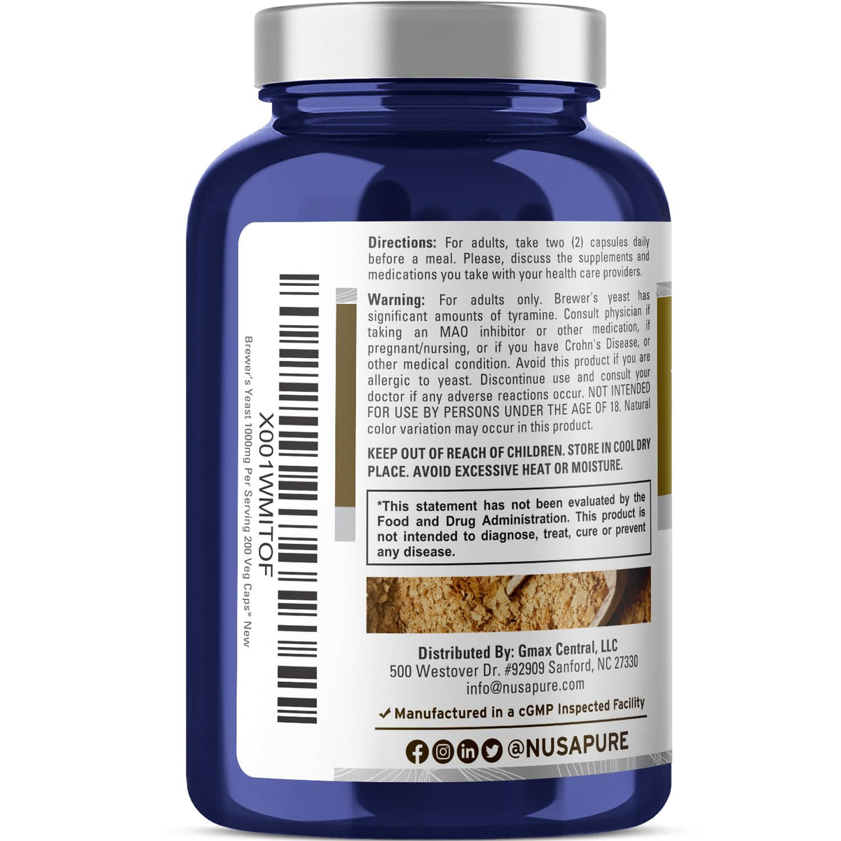 NusaPure Brewer’s Yeast - Suitable for Vegetarian/Vegan, Non - GMO - 1000mg 200 Capsules