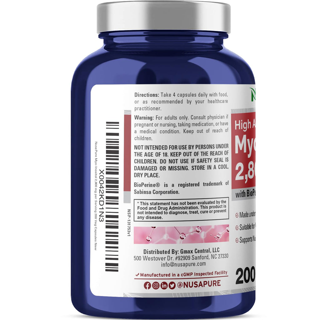 NusaPure Myo-Inositol - Suitable for Vegetarian/Vegan, Non - GMO - 2800mg, 200 Capsules