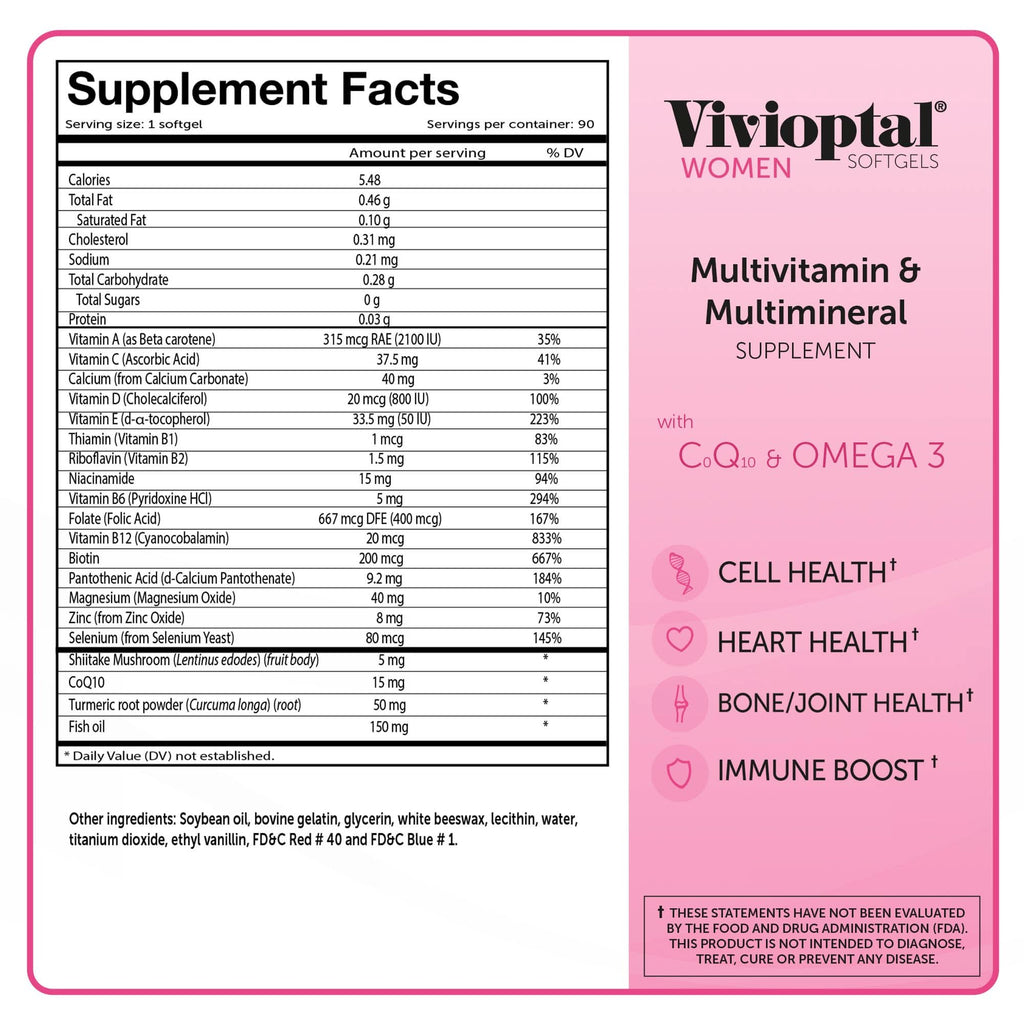 Vivioptal Women, 90 Capsules, CoQ10 & Omega-3, Multivitamin & Multimineral, Gluten Free, German Formula