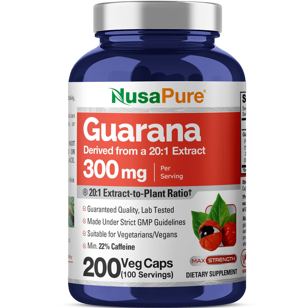 NusaPure Guarana Extract 20:1 Extract, 300 mg per Veggie Caps 200 Count (Non-GMO, Vegan)