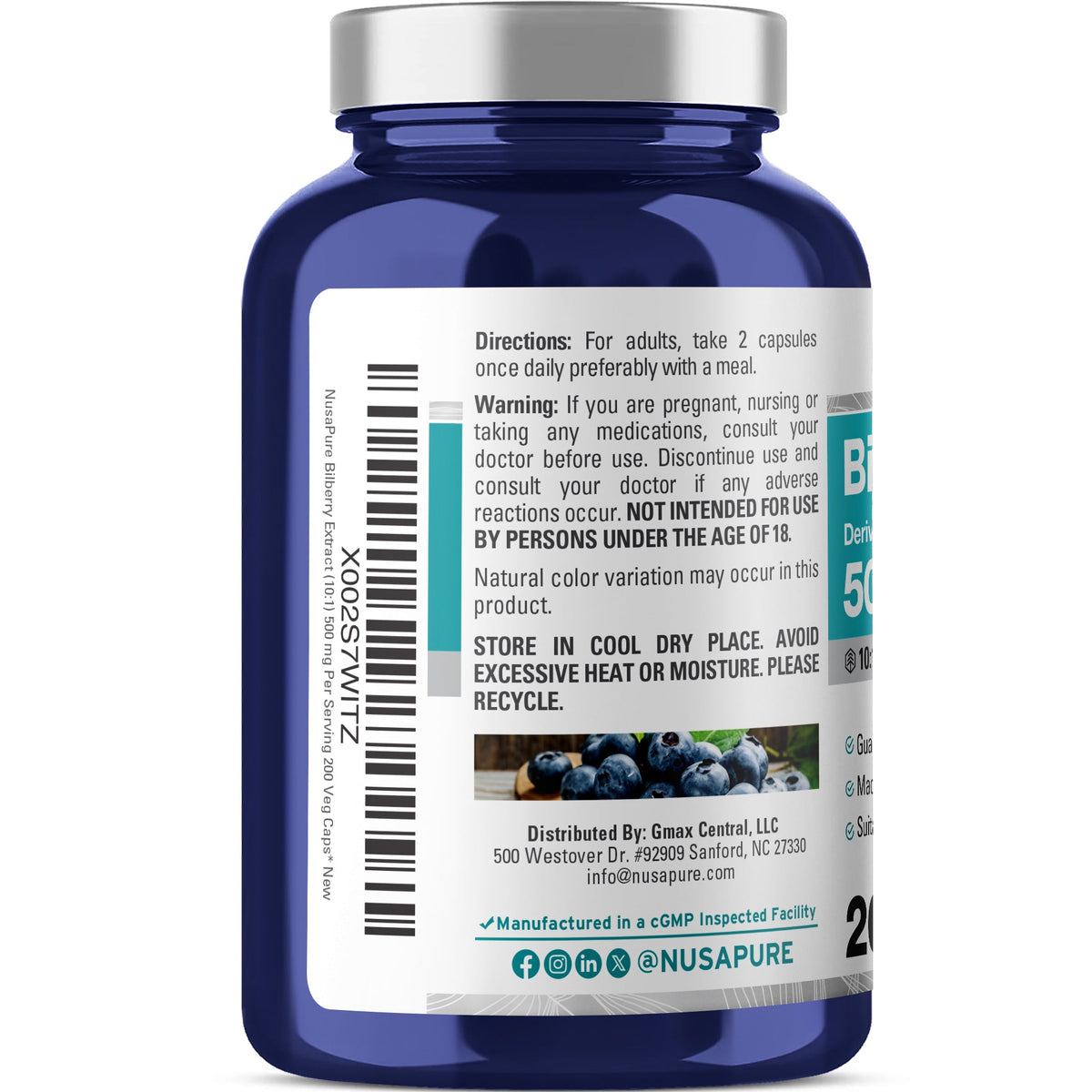 NusaPure Bilberry Extract 500mg 200 Vegetarian caps (Non-GMO, Vegan)