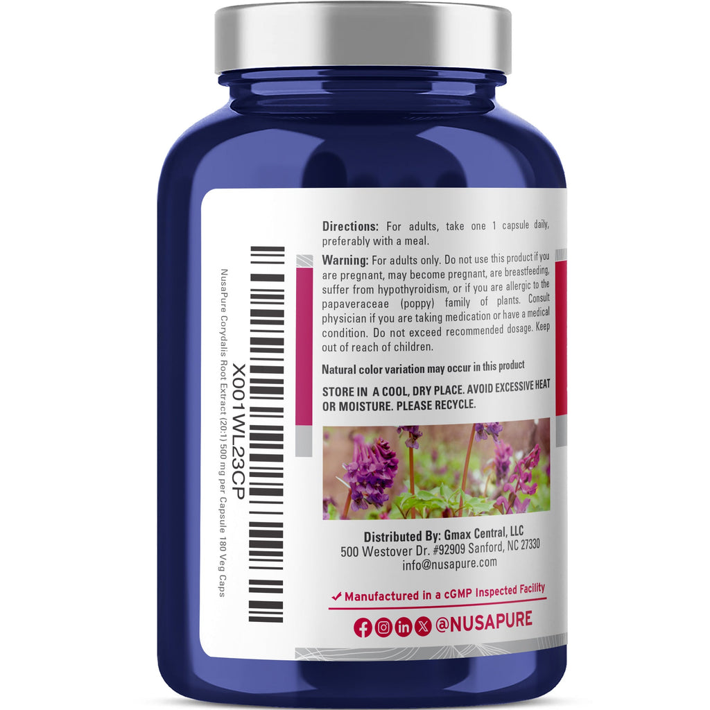 NusaPure Corydalis Root Extract 20:1 - Suitable for Vegetarian/Vegan, Non - GMO - 500 mg - 180 Capsules