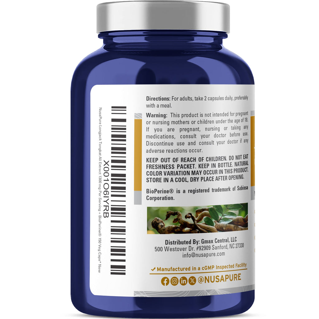NusaPure Longjack Tongkat Ali 1,300mg 150 Veggie Caps (Non-GMO, Gluten Free) Bioperine