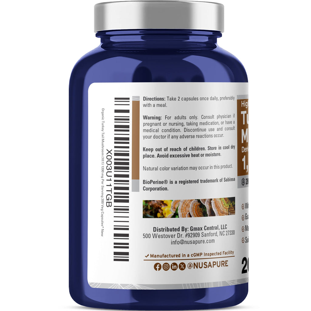 NusaPure Turkey Tail Mushroom Capsules, 10:1 Extract, 1200 mg, 200 Vcaps, Non-GMO, Gluten Free, Bioperine
