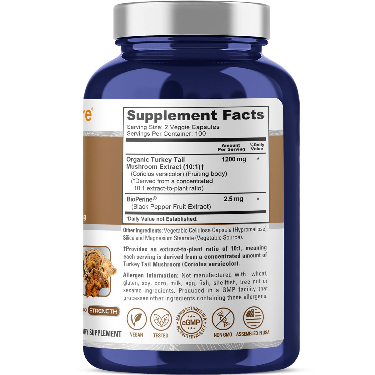 NusaPure Turkey Tail Mushroom Capsules, 10:1 Extract, 1200 mg, 200 Vcaps, Non-GMO, Gluten Free, Bioperine