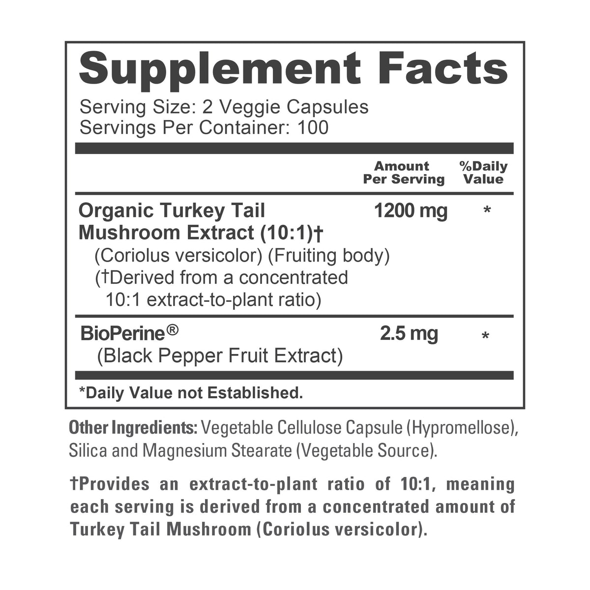 NusaPure Turkey Tail Mushroom Capsules, 10:1 Extract, 1200 mg, 200 Vcaps, Non-GMO, Gluten Free, Bioperine