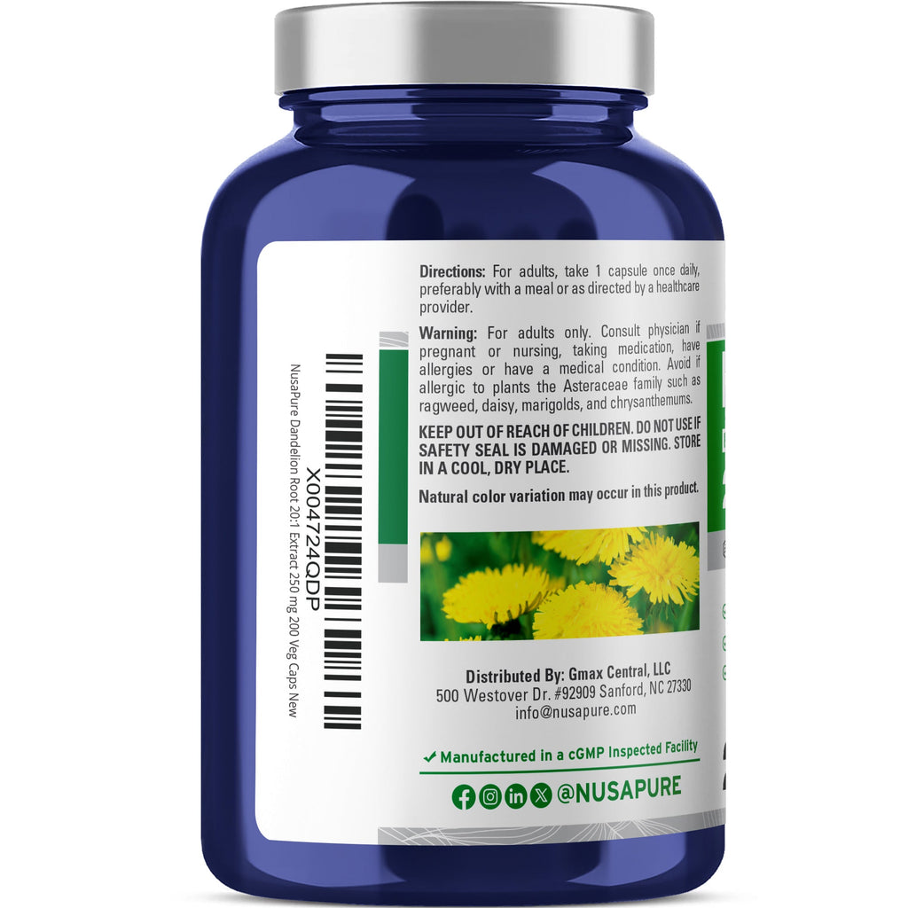 NusaPure Dandelion Root 20:1 Extract, 250 mg 200 Veg Capsules (Vegan, Non-GMO)