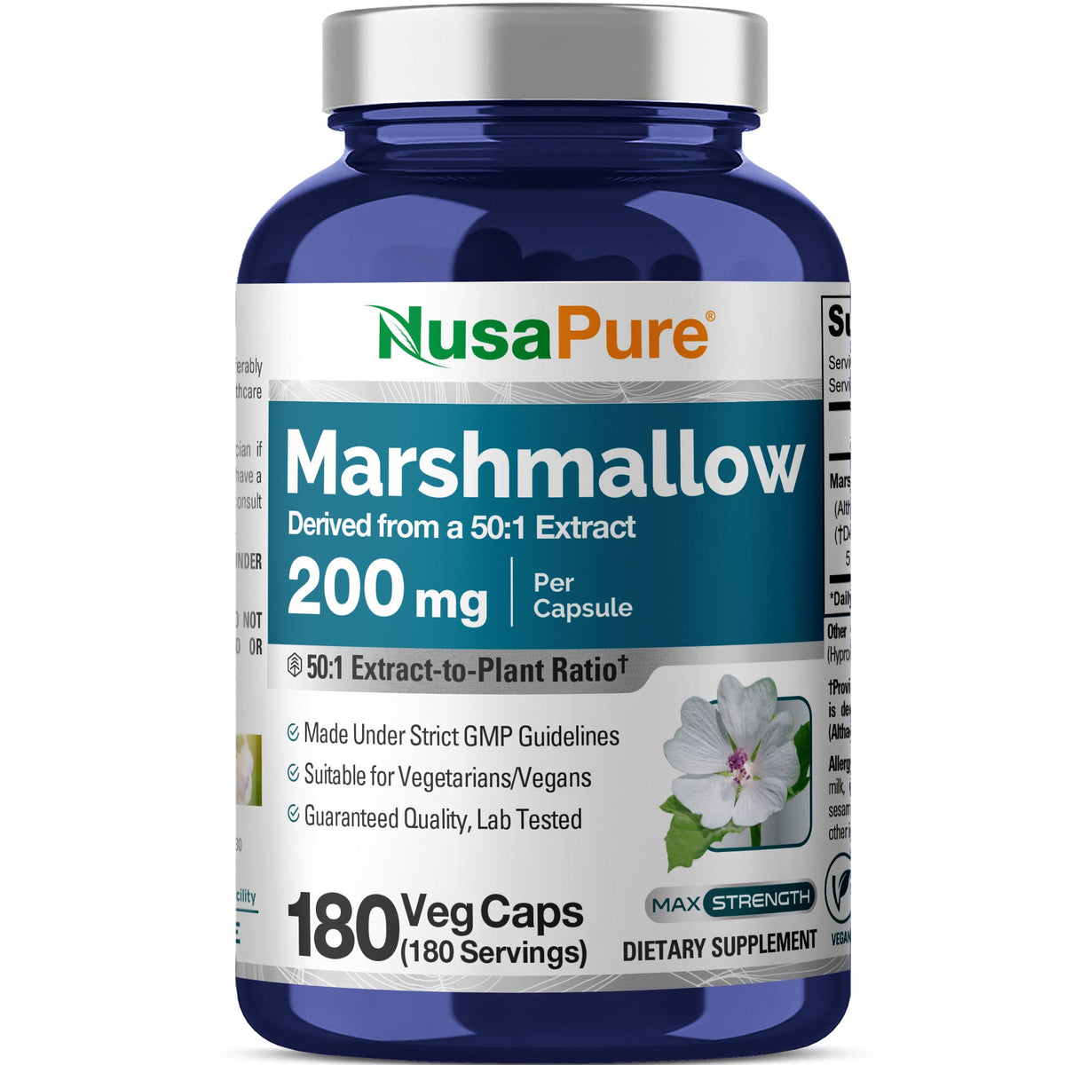 NusaPure Marshmallow Root 50:1 Extract, 200 mg Per Veggie Caps 180 Count (Non-GMO, Vegan) Bioperine
