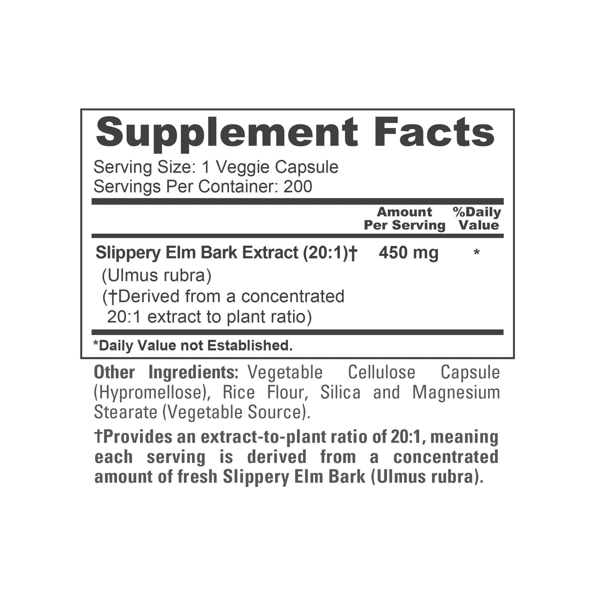 NusaPure Slippery Elm Bark 20:1 Extract, 450 mg 200 Veggie Capsules (Non-GMO, Vegan)