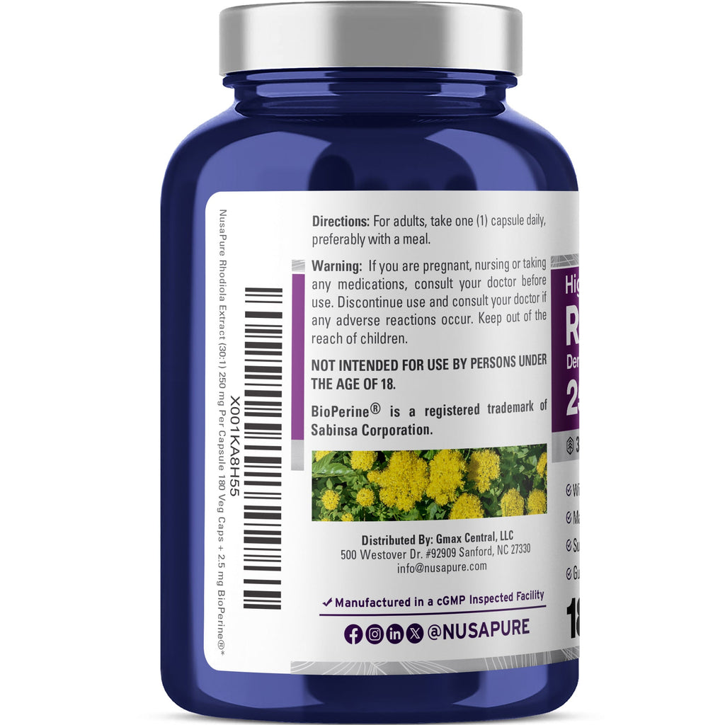 NusaPure Rhodiola Rosea 250mg 180 Veggie Capsules (Non-GMO, Extract 30:1, Vegan & Gluten-Free) Bioperine