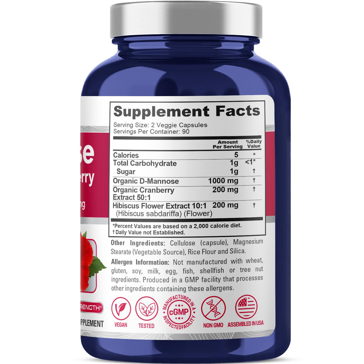 NusaPure D-Mannose Complex 1400 mg (with Hibiscus and Cranberry) - 180 Veggie Caps.