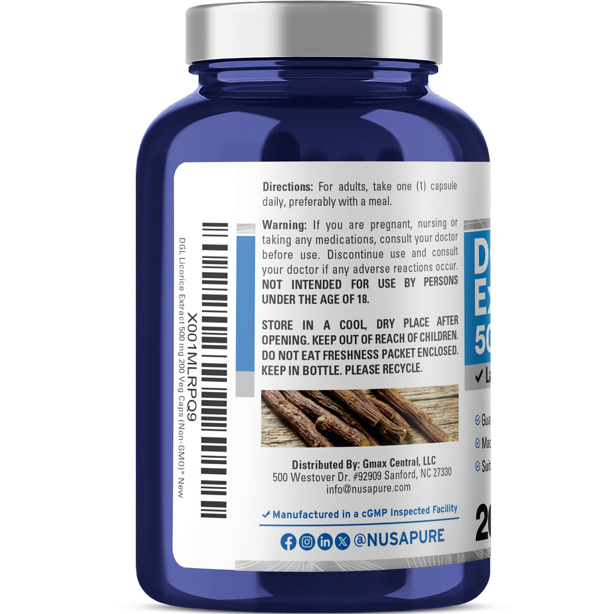 NusaPure DGL Licorice Extract 500 mg 200 Veggie Capsules (Vegan,Non-GMO)