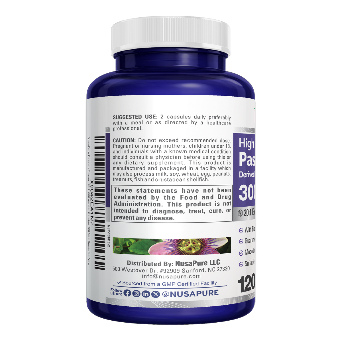 NusaPure Passion Flower 20:1 Extract, 300 mg, 120 Veggie Caps, Non-GMO, Bioperine, Extract Supplement